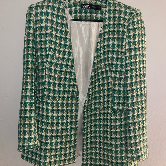 ZARA TEXTURED DOUBLE BREASTED BLAZER GREEN / WHITE SIZE MEDIUM - Picture 3 of 4
